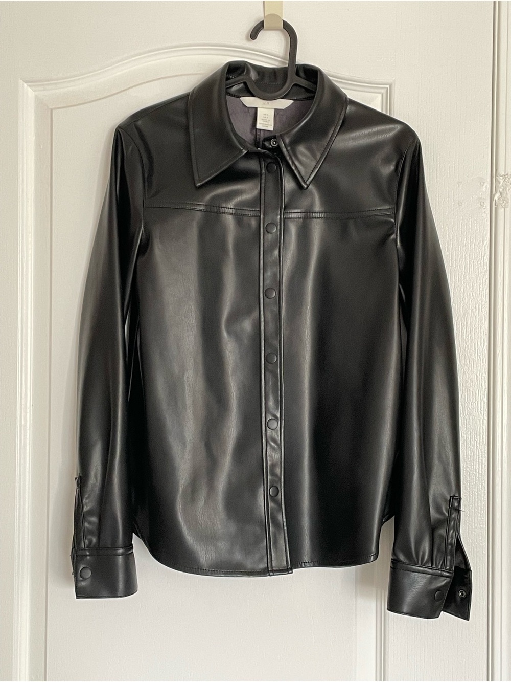 H&M Black Faux Leather Snap-Front Shirt Jacket